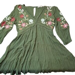 Mi Ami Dress Womens Med Green Floral Embroidered Boho Crochet Peasant Ren Faire